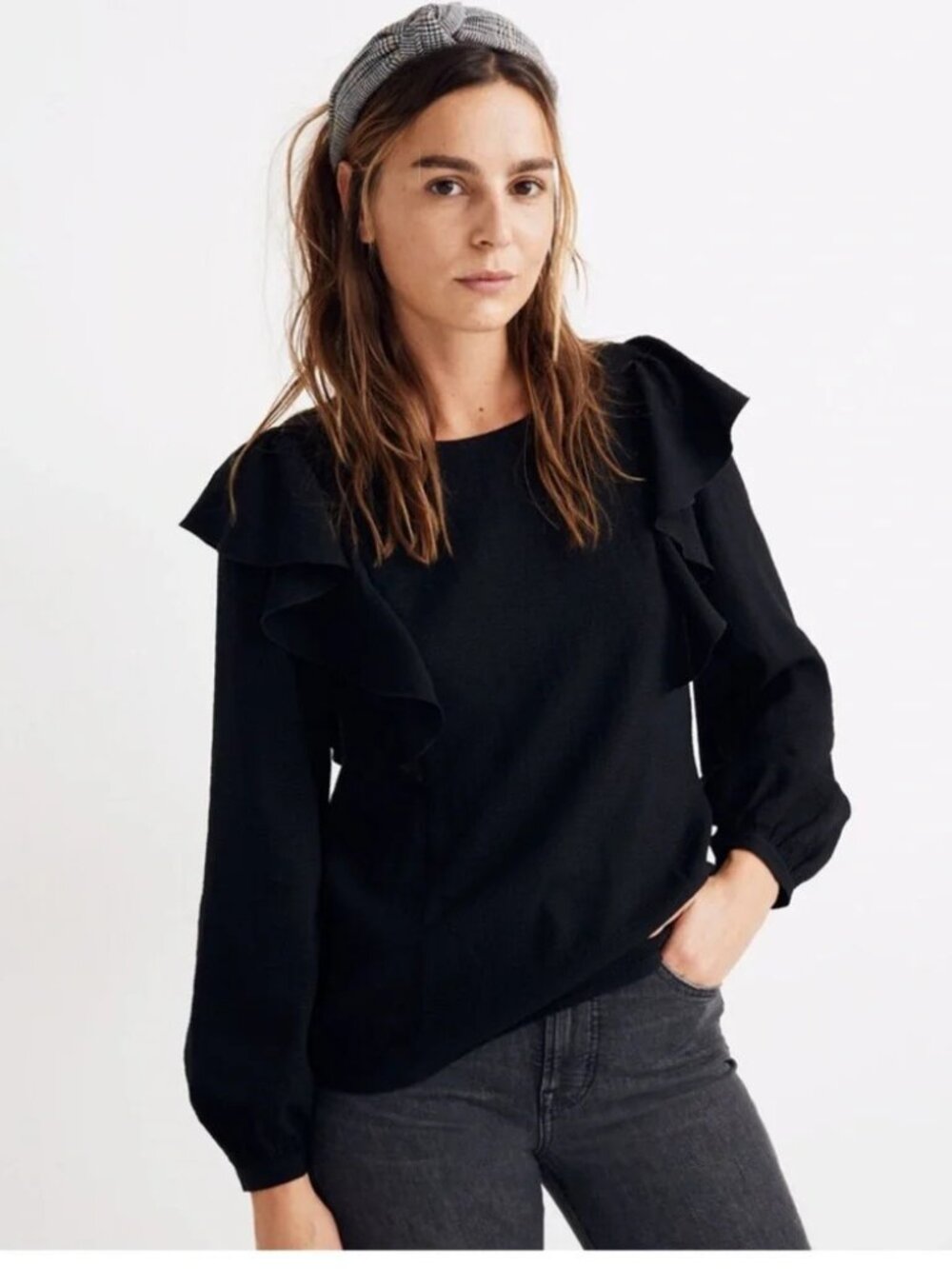 Madewell Black Checkered‎ Ruffle Long sleeve Peasant Top